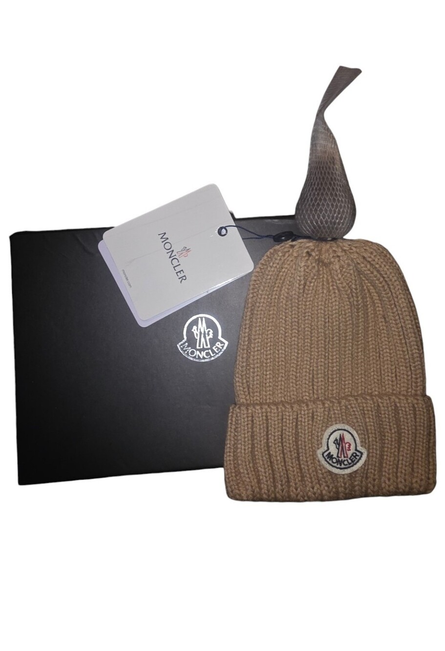 Moncler Tan Ribbed Knit Beanie with Logo Patch & Fur Pom NWT
